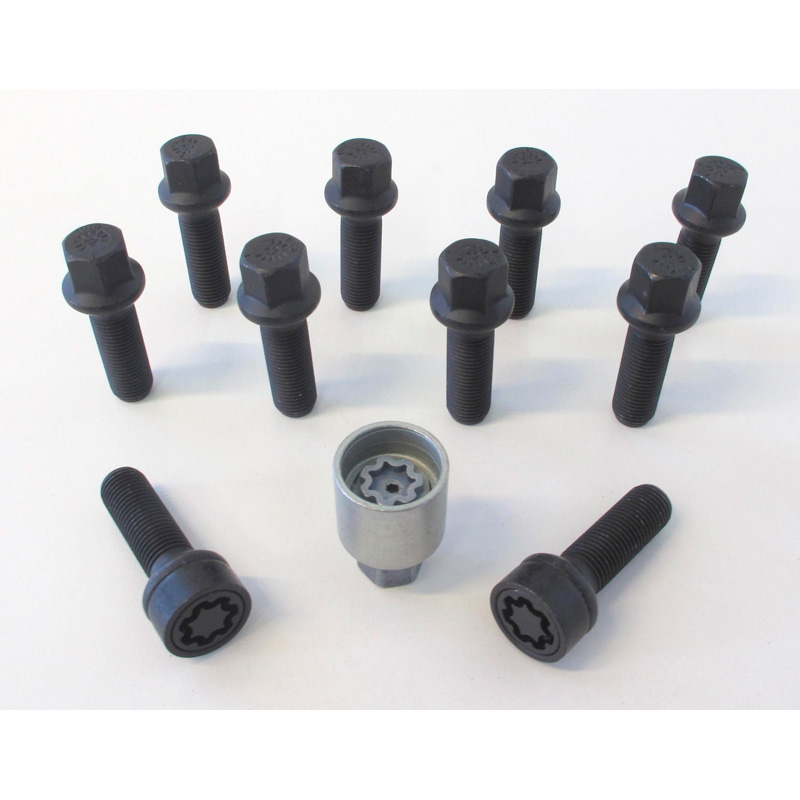 H&R Radschrauben Satz Kugelbund R14 M14x1.50 - Länge 31mm - Schwarz - 10 Stück - inkl. Felgenschloss