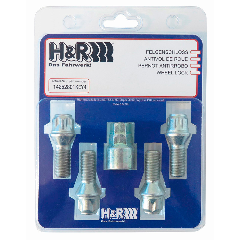 H&R Felgenschloss-Set M14x1.25x28mm Kegelbund - 4 Felgenschloss-Schrauben inkl. Adapter