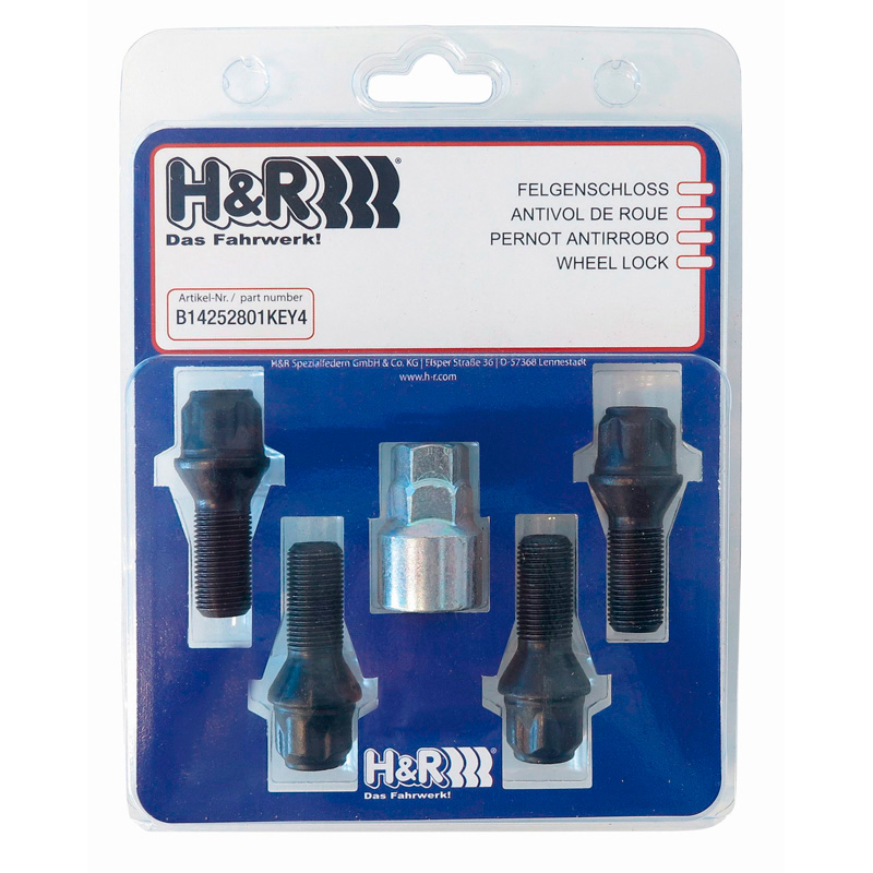 H&R Felgenschloss-Set M14x1.50x28mm Kegelbund Schwarz - 4 Felgenschloss-Schrauben inkl. Adapter