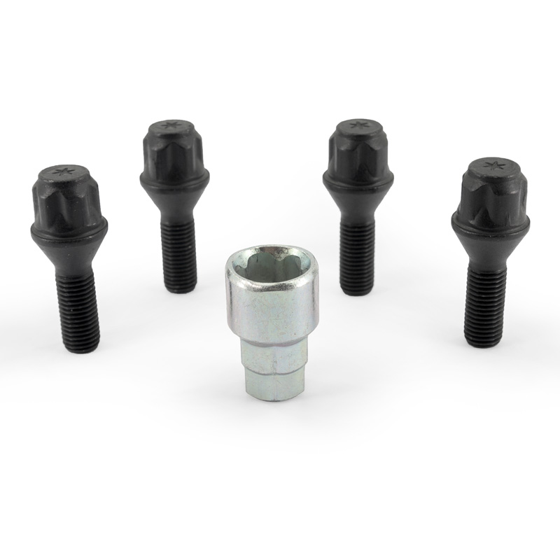 H&R Felgenschloss-Set M12x1.50x28mm Kegelbund Schwarz - 4 Felgenschloss-Schrauben inkl. Adapter