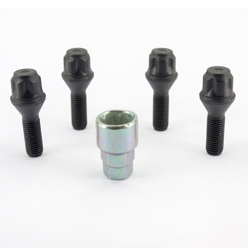 H&R Felgenschloss-Set M12x1.50x30mm Kegelbund Schwarz - 4 Felgenschloss-Schrauben inkl. Adapter