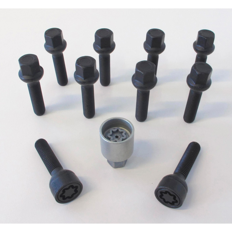 H&R Radschrauben Satz Kugelbund R13 M14x1.50 - Länge 31mm - Schwarz - 10 Stück (passend für z.B. VAG) - inkl. Felgenschloss