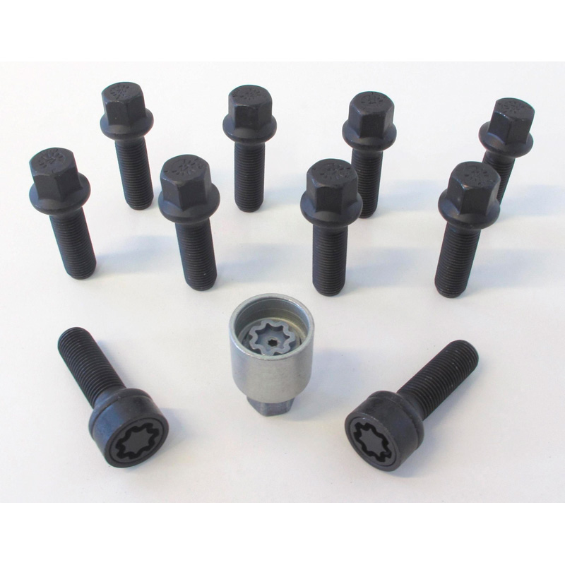H&R Radschrauben Satz Kugelbund R14 M14x1.50 - Länge 37mm - Schwarz - 10 Stück - inkl. Felgenschloss