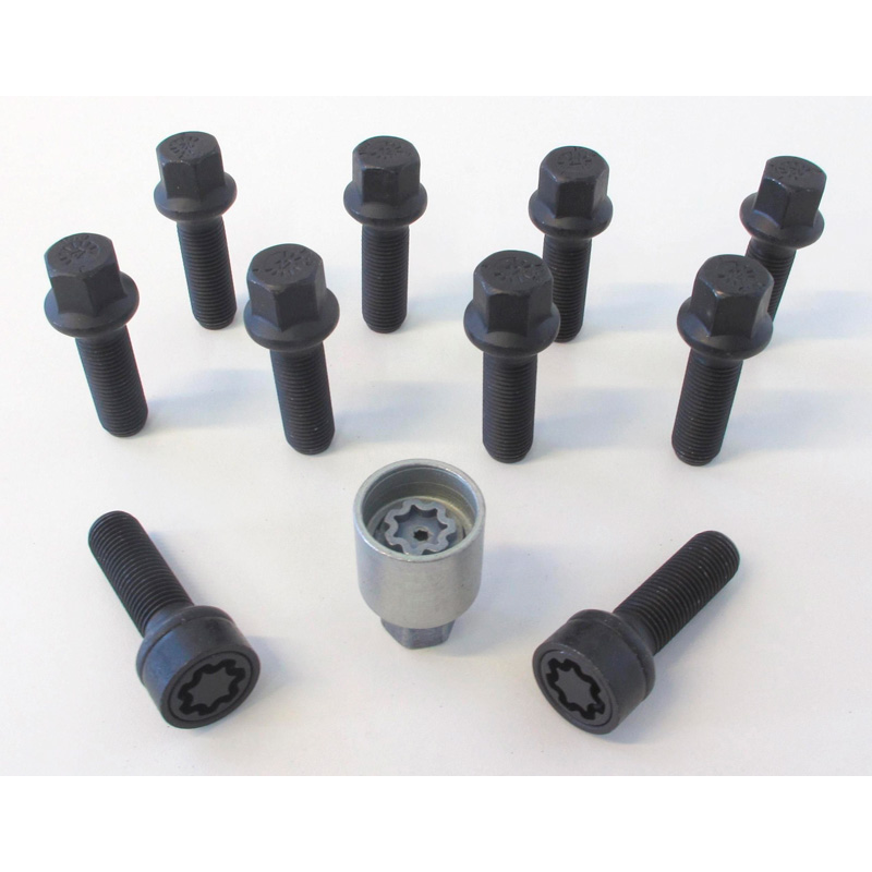 H&R Radschrauben Satz Kugelbund R14 M14x1.50 - Länge 43mm - Schwarz - 10 Stück - inkl. Felgenschloss