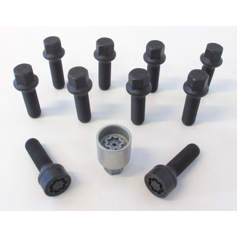 H&R Radschrauben Satz Kugelbund R14 M14x1.50 - Länge 45mm - Schwarz - 10 Stück - inkl. Felgenschloss
