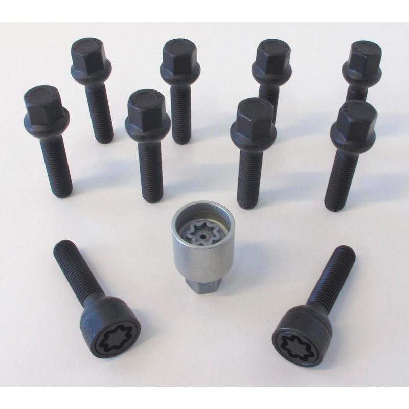 H&R Radschrauben Satz Kugelbund R13 M14x1.50 - Länge 40mm - Schwarz - 10 Stück (passend für z.B. VAG) - inkl. Felgenschloss