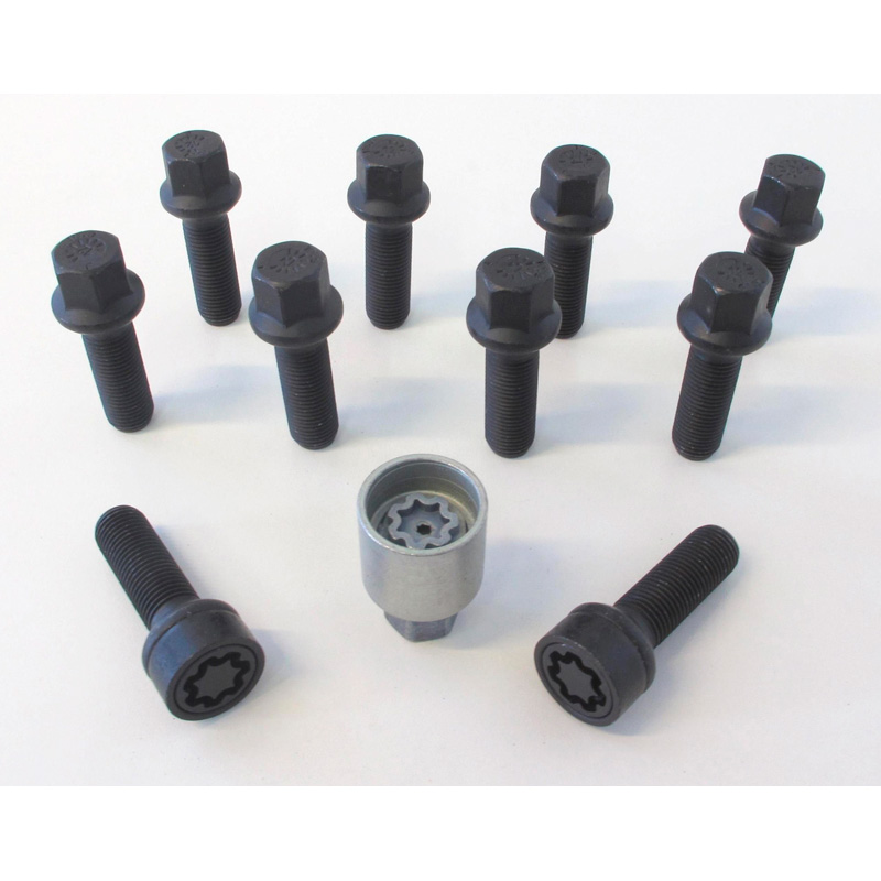 H&R Radschrauben Satz Kugelbund R14 M14x1.50 - Länge 60mm - Schwarz - 10 Stück - inkl. Felgenschloss