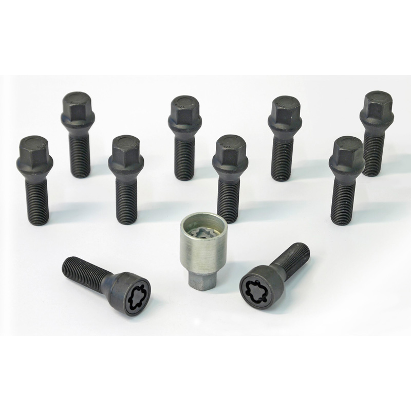 H&R Radschrauben Satz Kegelbund M14x1.50 - Länge 40mm - Schwarz - 10 Stück - inkl. Felgenschloss
