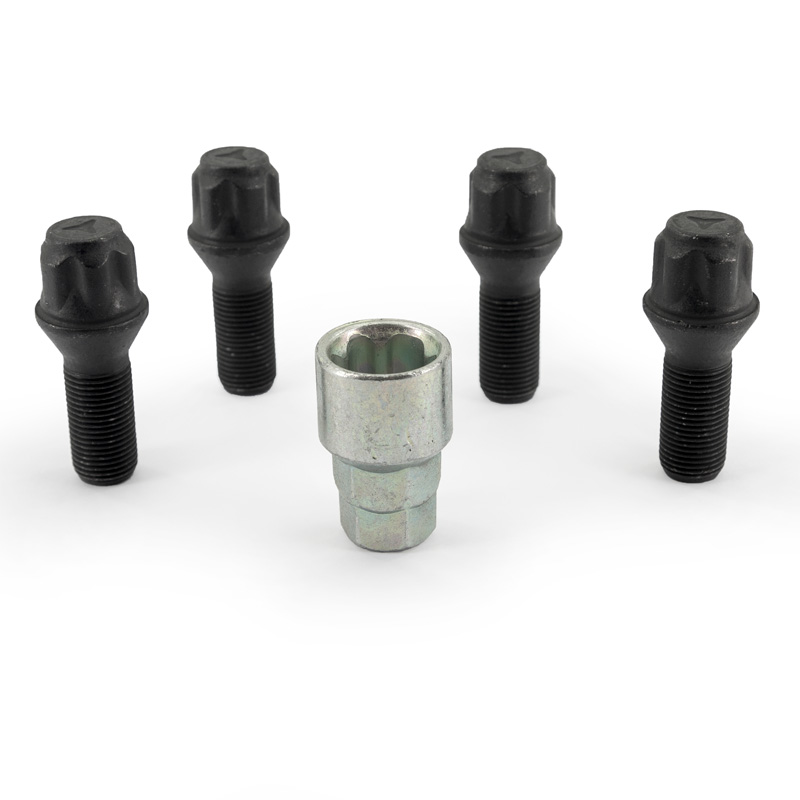 H&R Felgenschloss-Set M14x1.25x28mm Kegelbund Schwarz - 4 Felgenschloss-Schrauben inkl. Adapter
